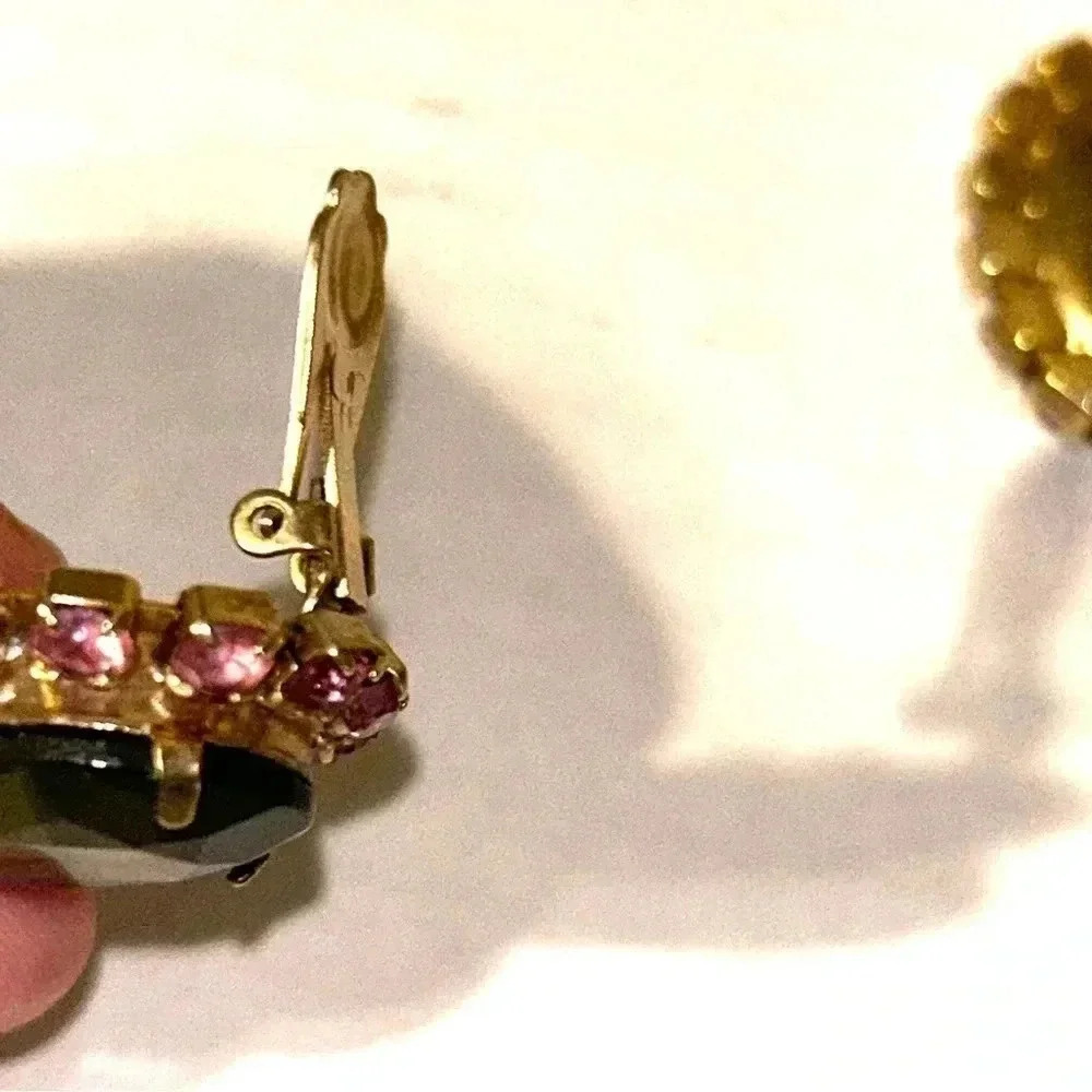 Vtg Smoky Quartz Pink Crystal Rhinestone Earrings Glass Goldtone Oval Clip On - Picture 7 of 10